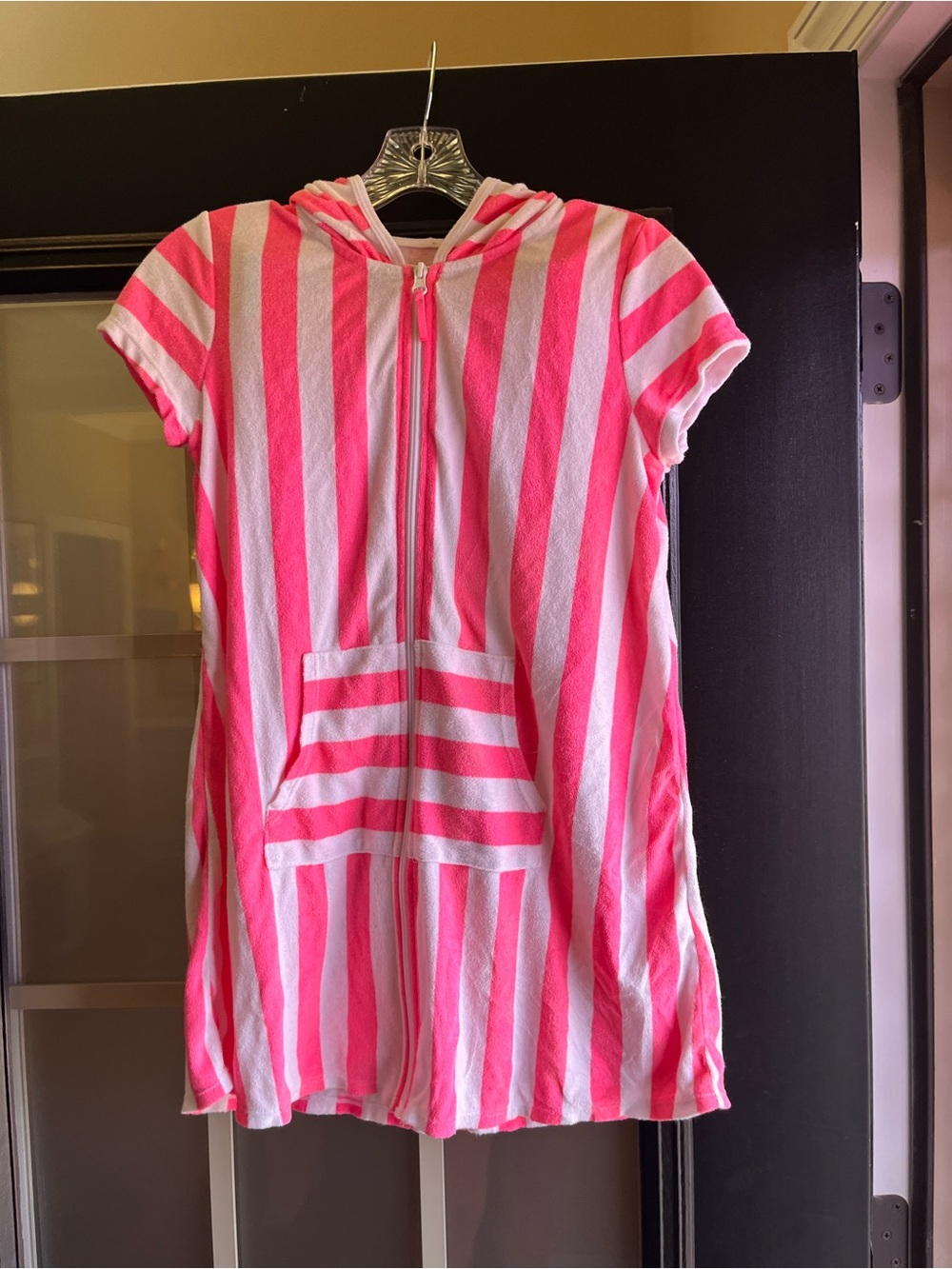 Girls wonder nation Pink and White Striped Hooded Kids Swim Coverup